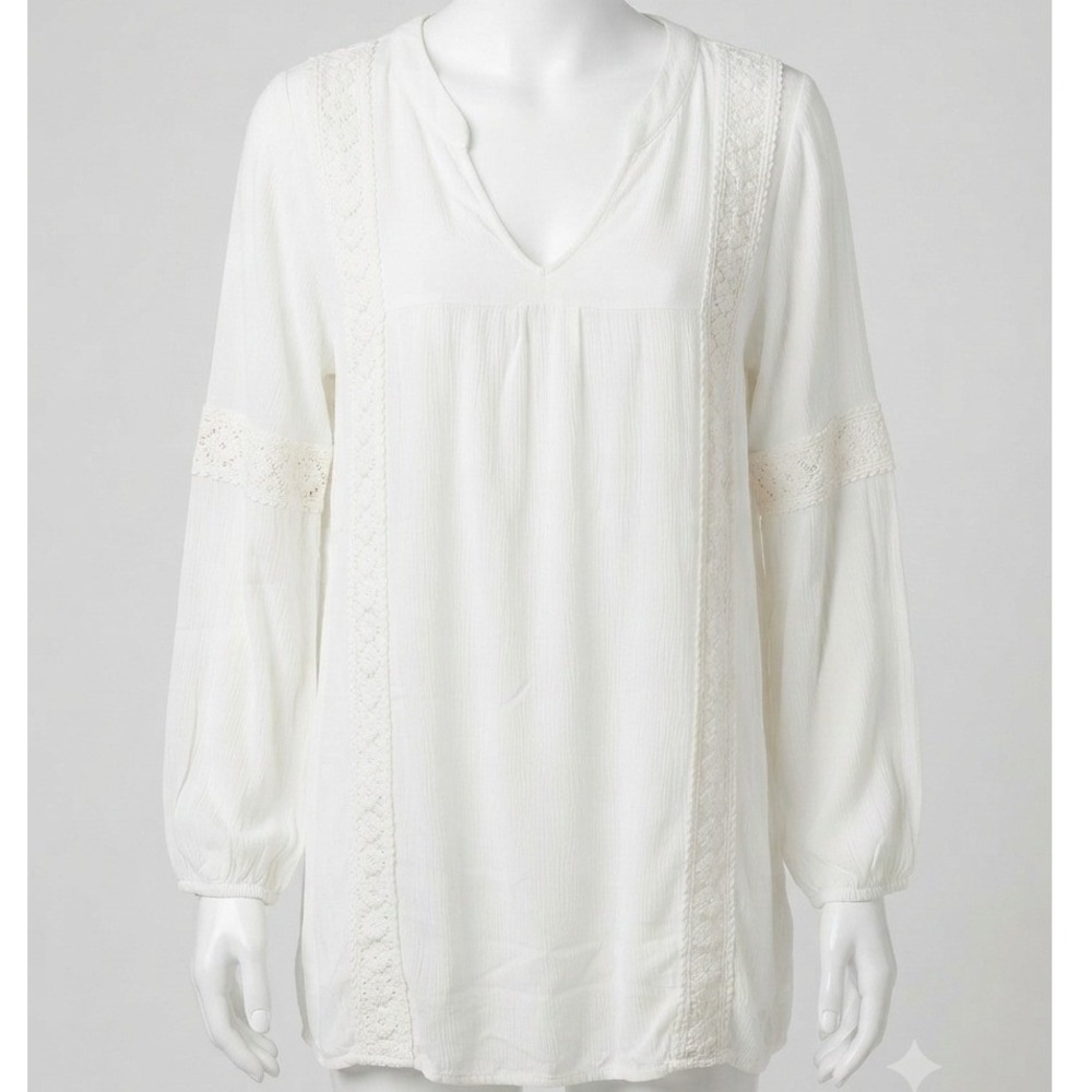 Forever 21 Womens White Crinkle Gauze Crochet Lace Trim V-Neck Tunic Top Medium